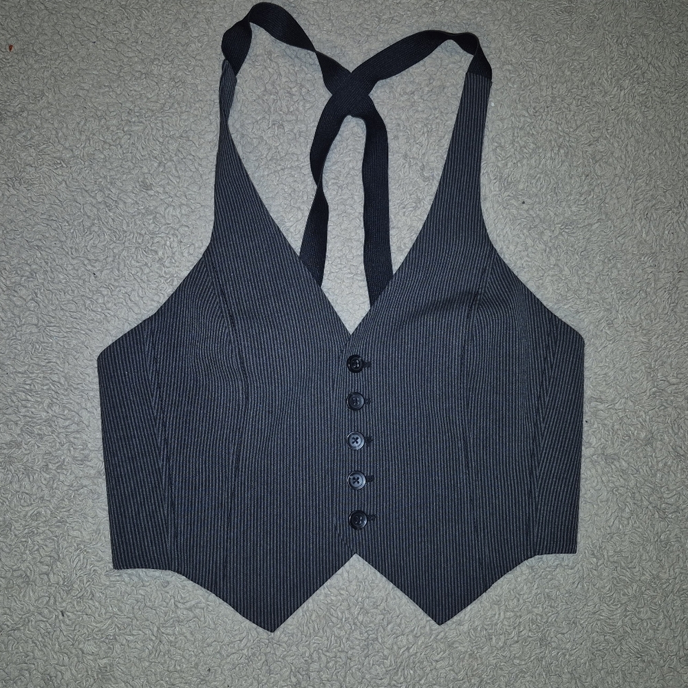 Tom K Nguyen Black Pinstripe Women's Vest Top 2 - Picture 2 of 8
